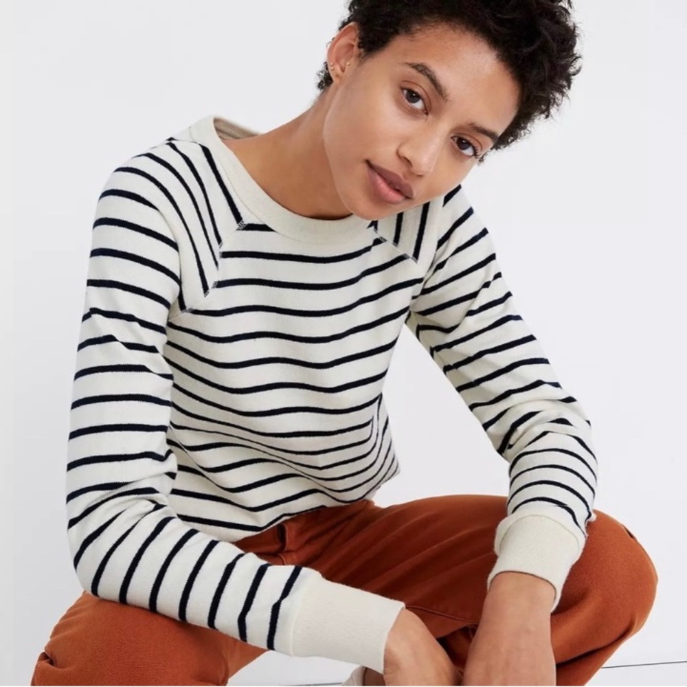 Madewell Luxe Raglan Sweatshirt in Stripe, Cream and Navy, Women’s XL
